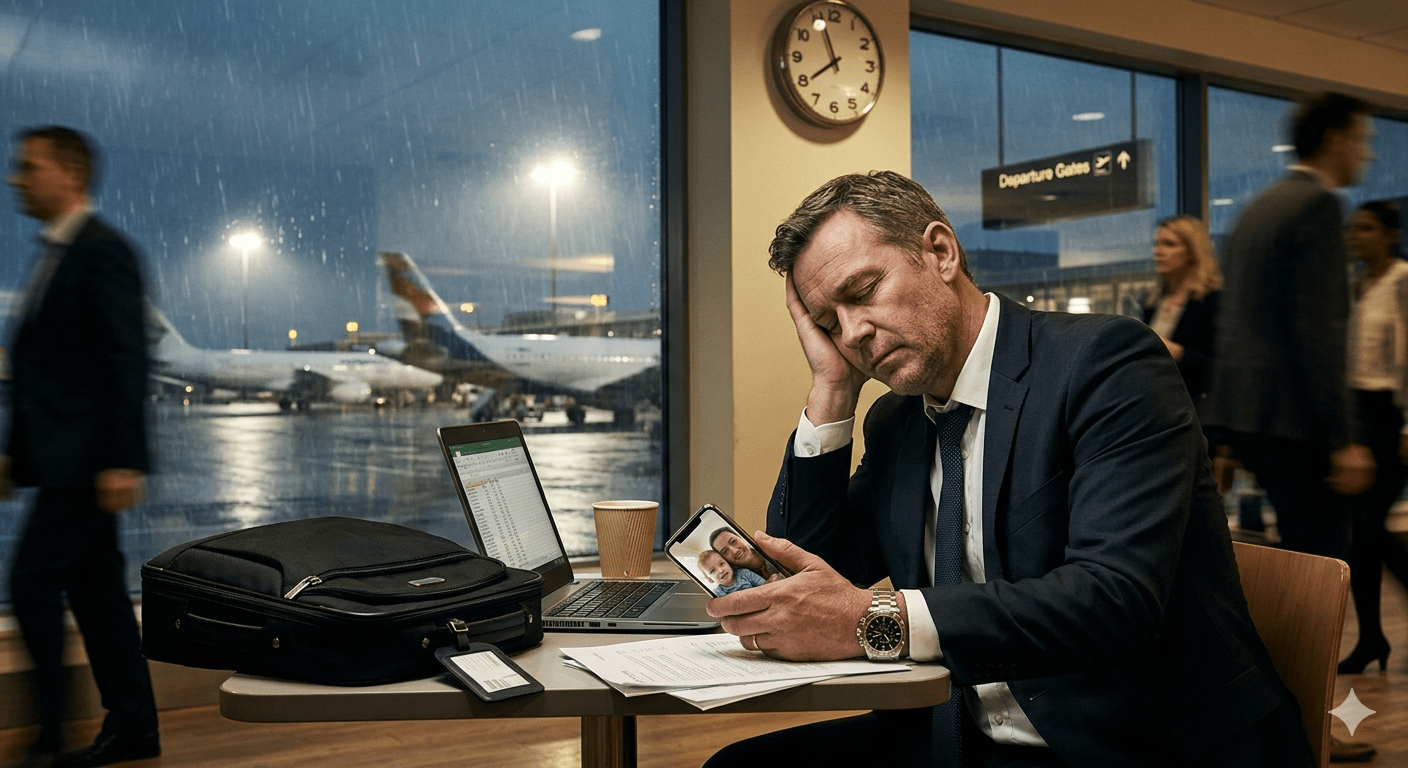 Man at a desk in an airport departure lounge looking downcast with an image of his family on his mobile phone