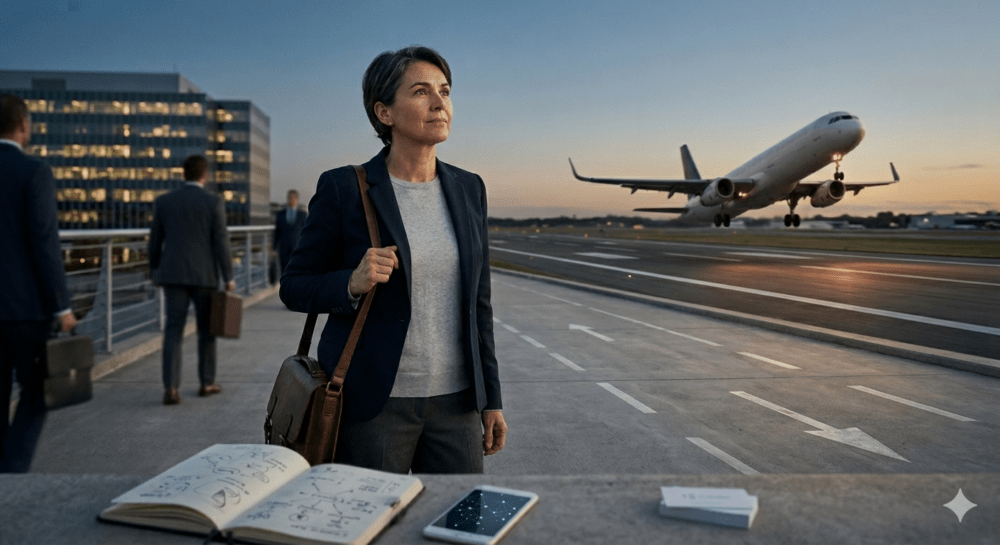 Business woman stood beside a runway with a plane taking off