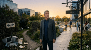 Businessman unable to proceed one way but the other is a landfill
