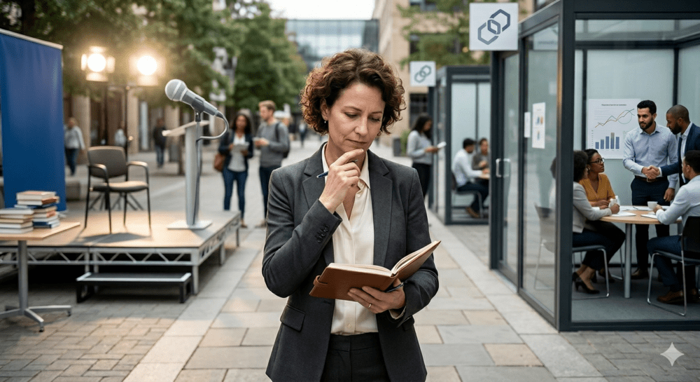 Businesswoman stood at the end of a long road with a microphone on one side and corporate offices on the other