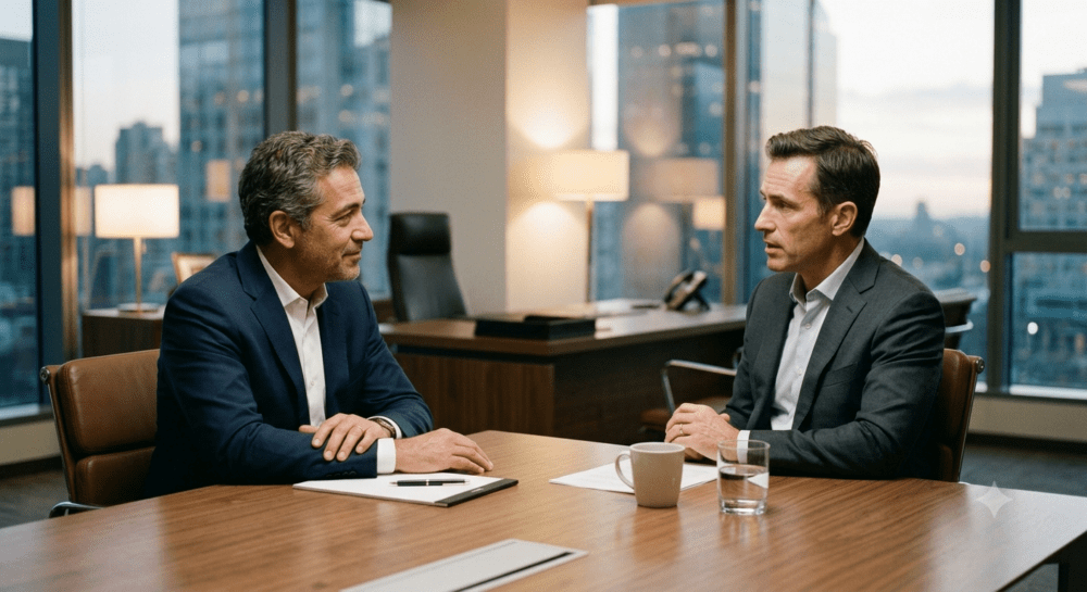 Two businessmen having a professional but friendly conversation