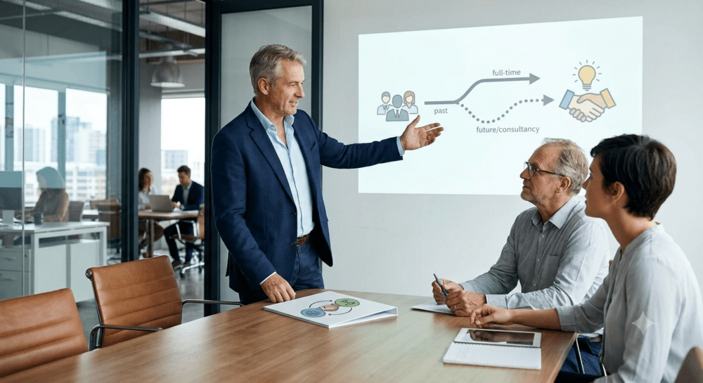 Businessman discussing with colleagues full time v part time