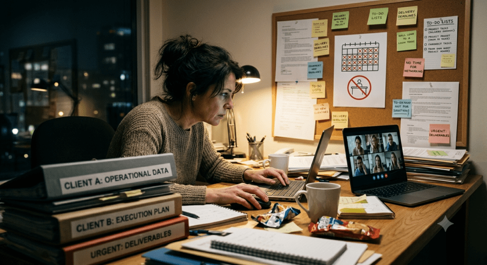 Lady sat at a very cluttered desk working intensely
