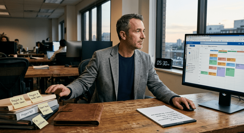 Businessman at a desk with project numbers on post-its