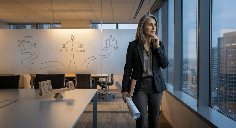 Businesswoman looking out of office window with background of whiteboards