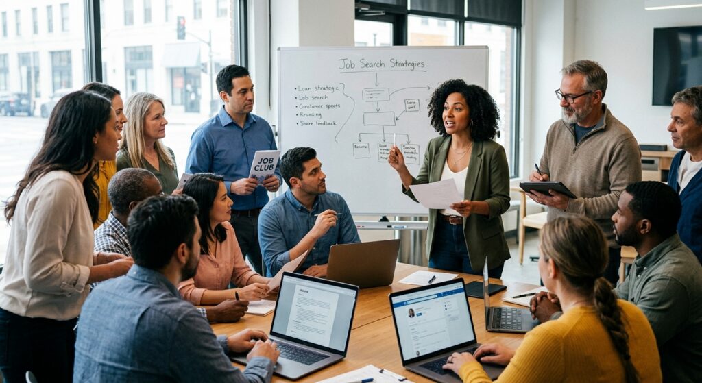 Group meeting with whiteboard saying job search strategies